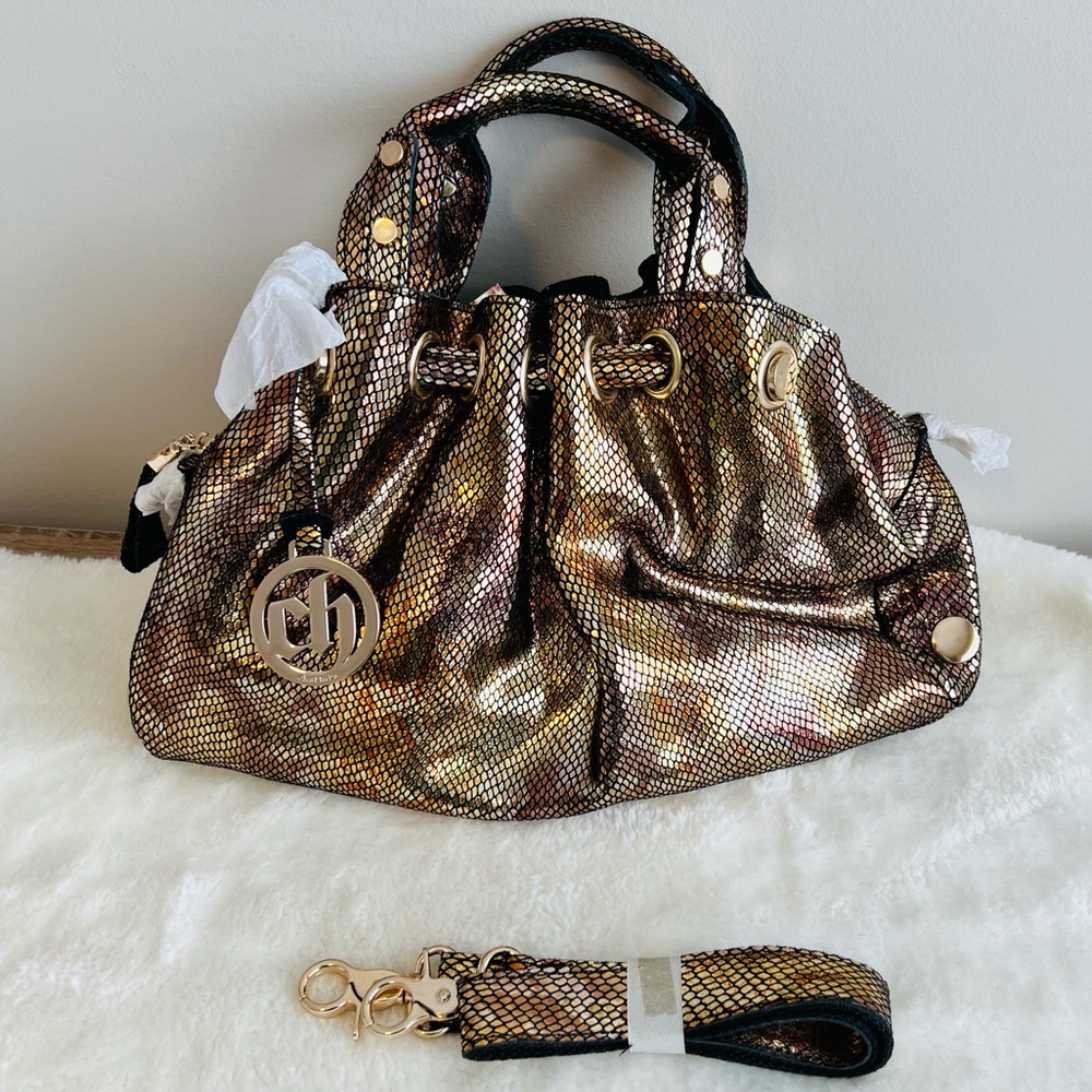 Gold Bronze Champagne Leather Snakeskin Purse